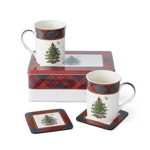 Spode Christmas Tree Tartan Ceramic Mug & Coaster Set with Tin Box, 5-Piece Set